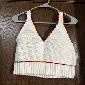 White Handmade Crochet Knit Crop Tank Top with Multicolor Trim